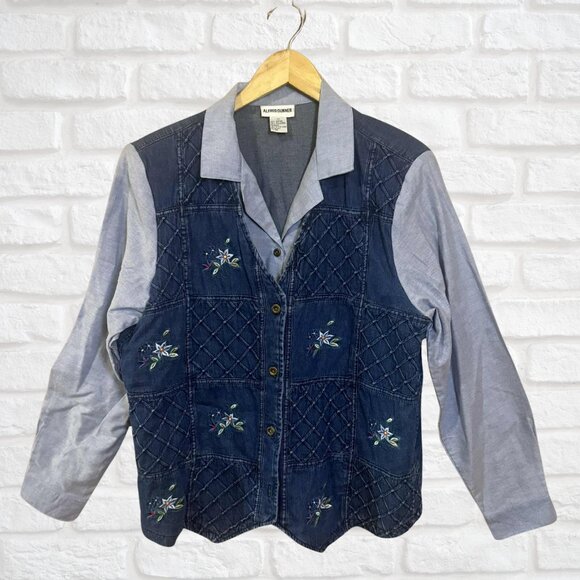 NWT Vintage Alfred Dunner Quilted Denim Vest Floral Embroidered Plus 1X Chambray - Picture 2 of 9
